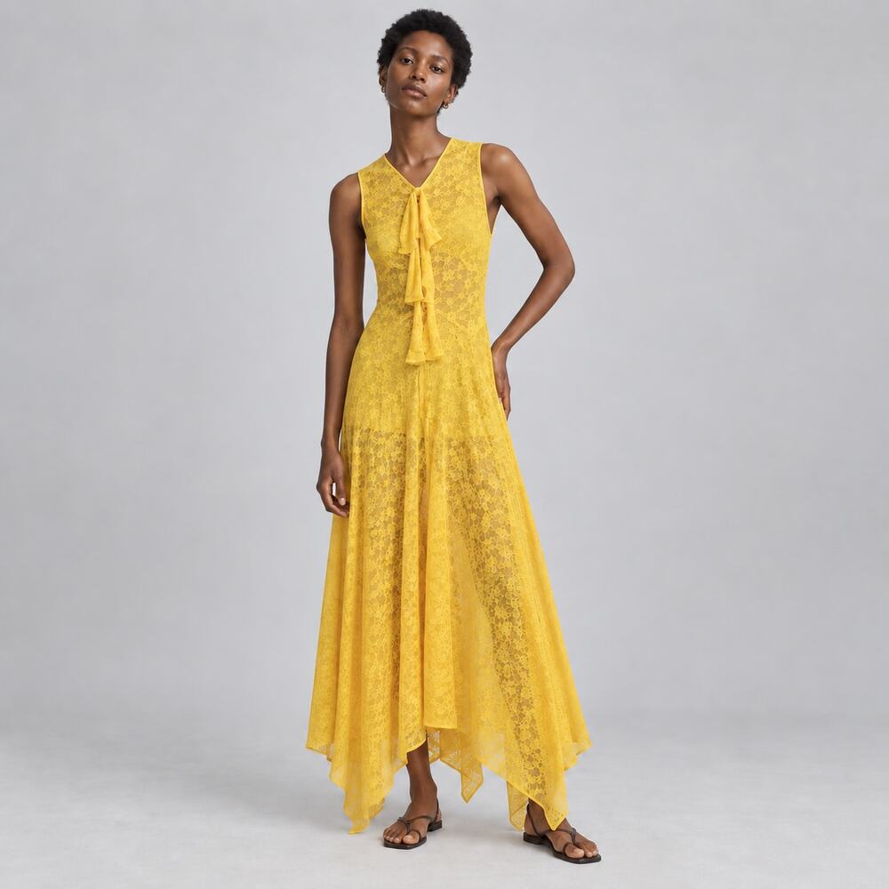 Doen Angeline Midi/Maxi Dress Womens S Yellow Lace Romantic Designer Feminine
